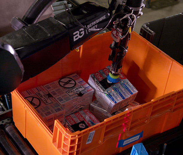 Berkshire Grey picking robot selects a bulk wrapped SKU from a homogeneous inventory tote for order fulfillment.