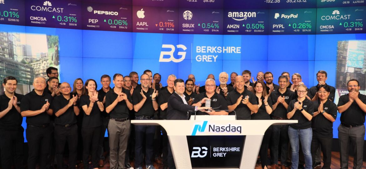 Berkshire Grey team members ring the bell as BGRY stock becomes publicly traded.