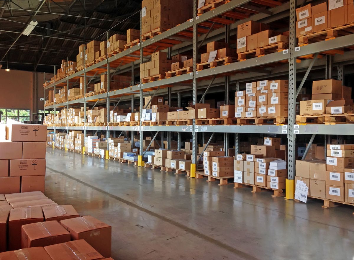 Pallets of goods stacked in warehouse storage
