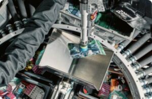 A Berkshire Grey Robotic Pick Station (BG RPS) solution placed a bagged apparel SKU into the sortation shuttle for deposit in a designated box.