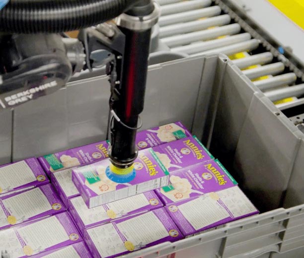 Robotically assemble break pack orders to dramatically improve efficiency in one of the most labor-intensive processes in grocery distribution centers.
