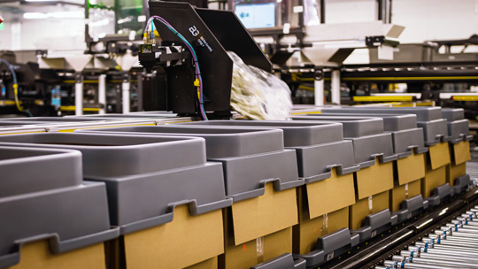 BG RSPS sortation shuttle places SKUs in boxes