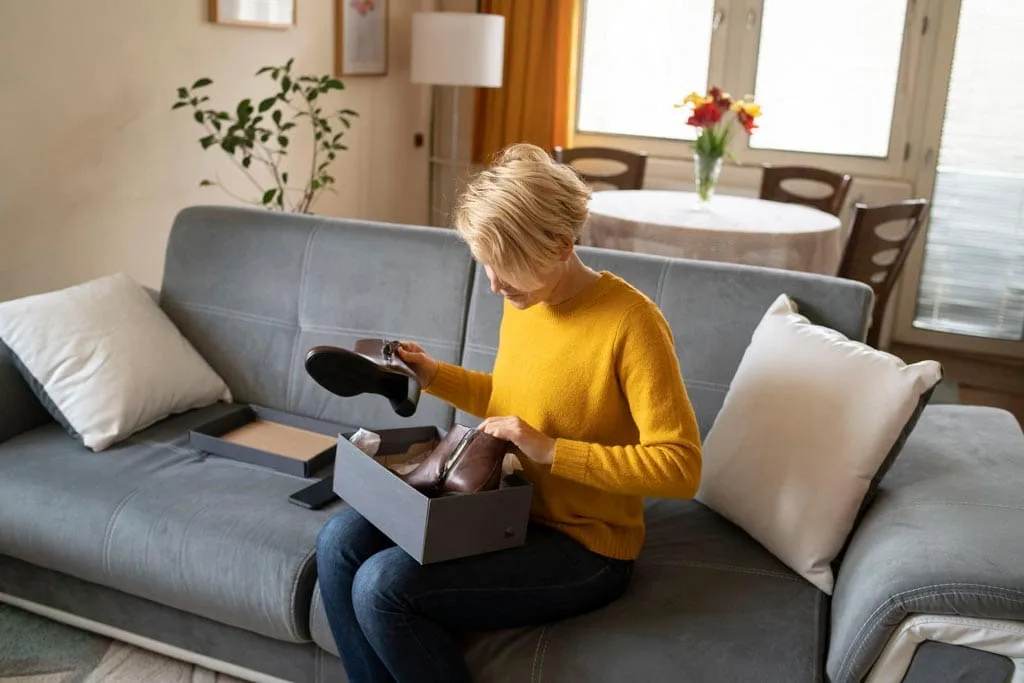 Person unboxing a pair of leather shoes on a sofa.