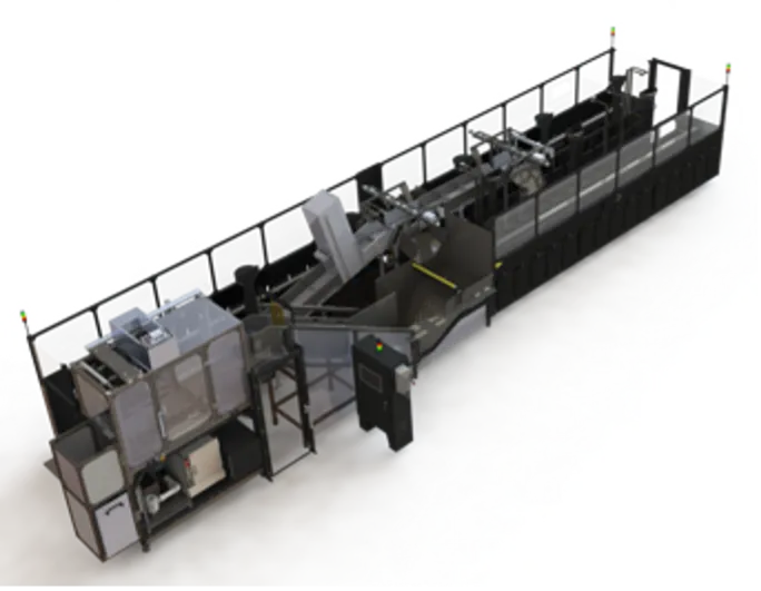 3D rendering of an enclosed automated warehouse conveyor system line.